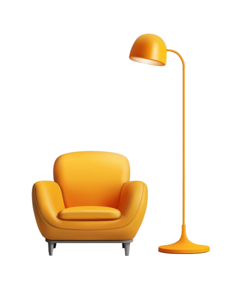 A Gold chair and a floor lamp next to it.